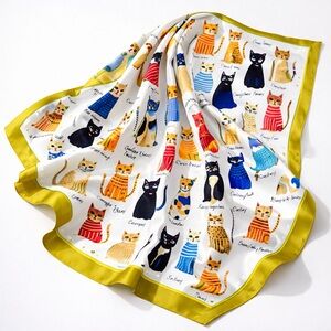 Parisian Cat Print Silk-Feel White Square Scarf, 27.5 Inches | New With Tags